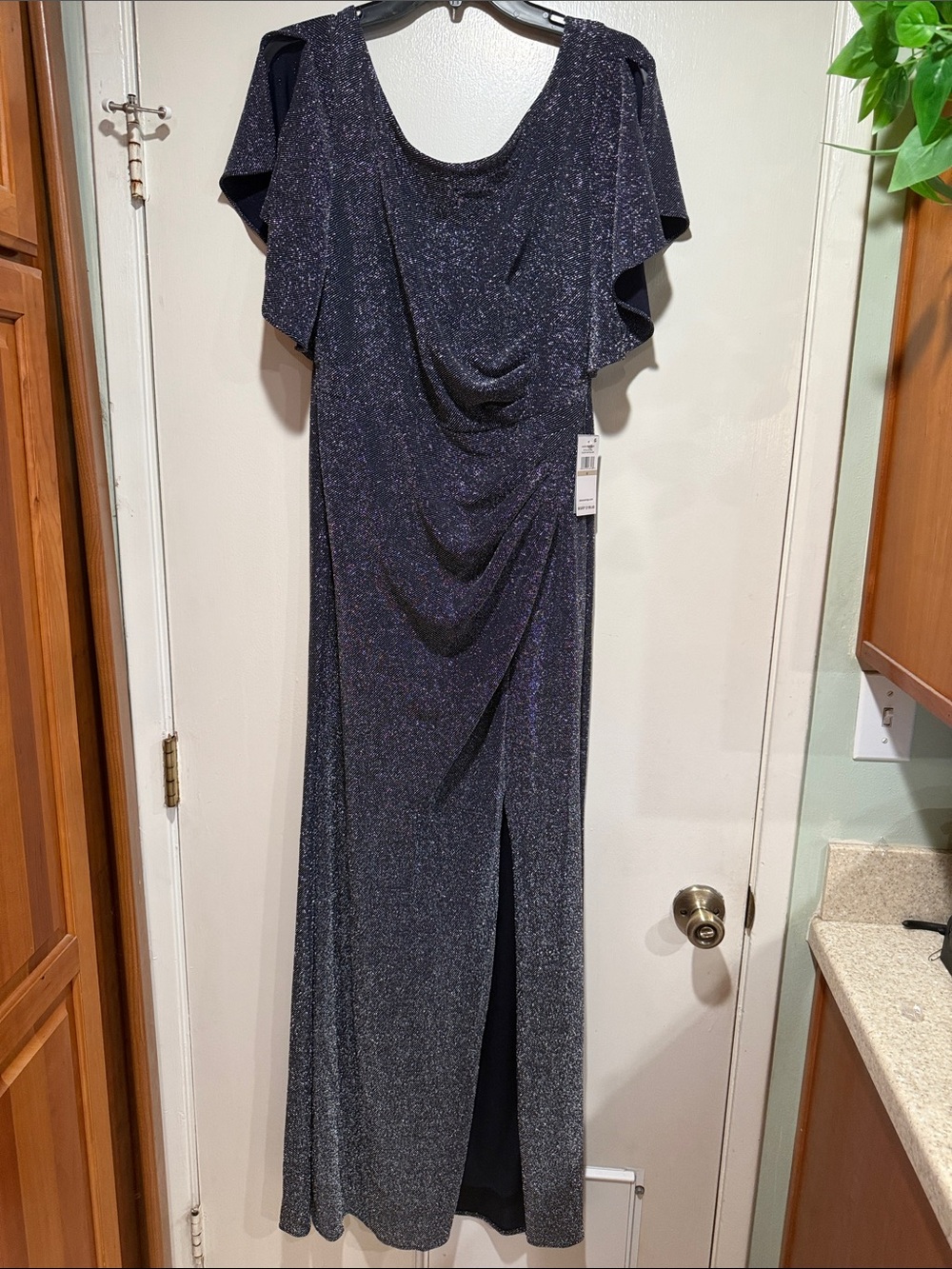 Alex Evenings Long Metallic Ruched Flutter Sleeve Gown with Side Slit, Size 12